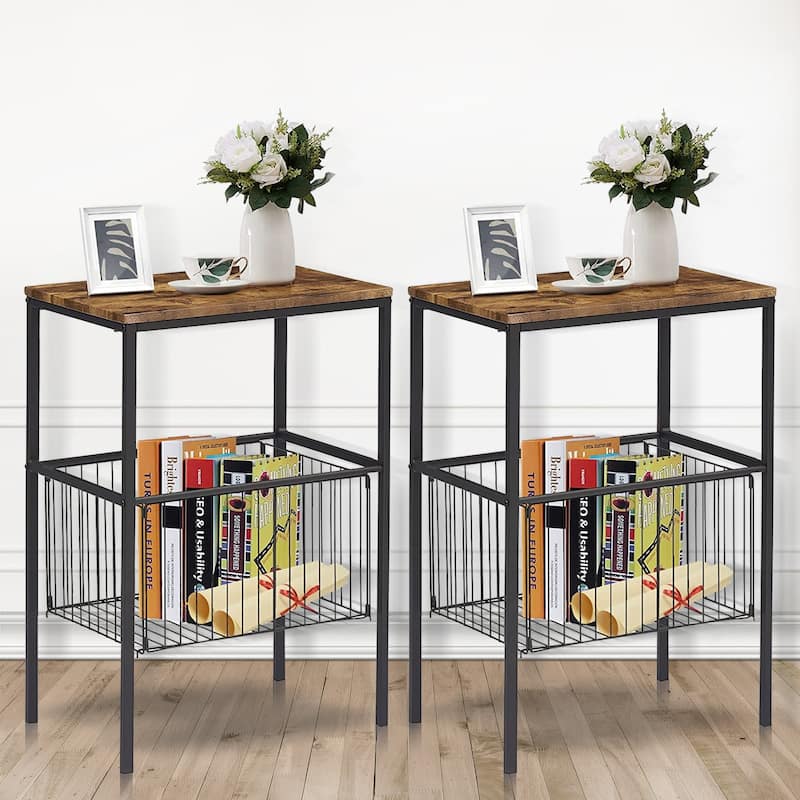 Taomika 31" Multipurpose End Table with 10" Iron Storage Tier End Table Set Living Room Bathroom Kitchen Organizer Cabinet - Brown(Set of 2)