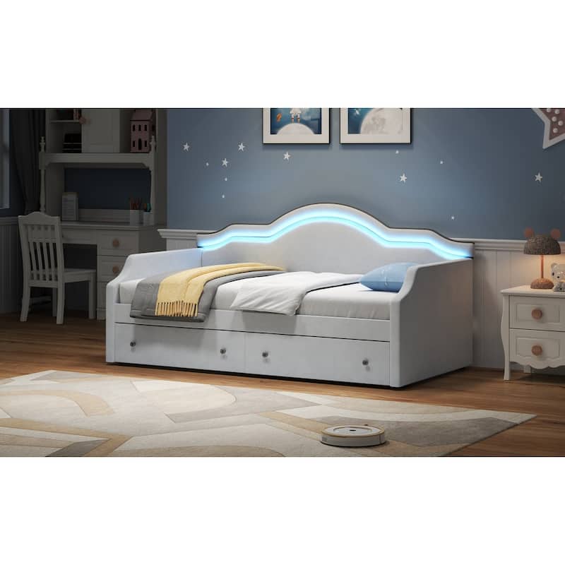 Twin Size Upholstered Daybed with LED and 2 Drawers