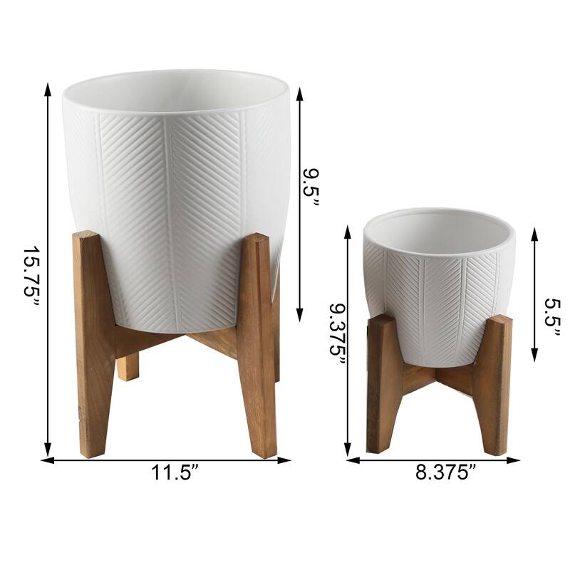 Mid-Century 10" & 6.6" Chevron Ceramic planter on Stand ， SET OF 2
