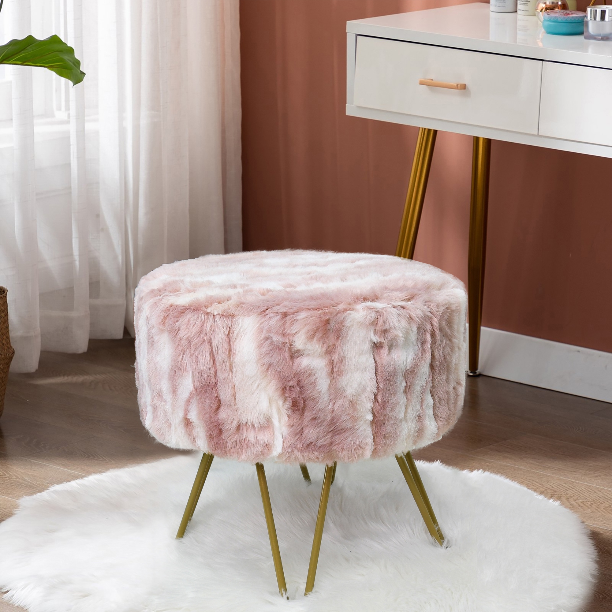 Home Soft Fauxfur Ottoman Round Fuzzy Entryway Bench 18