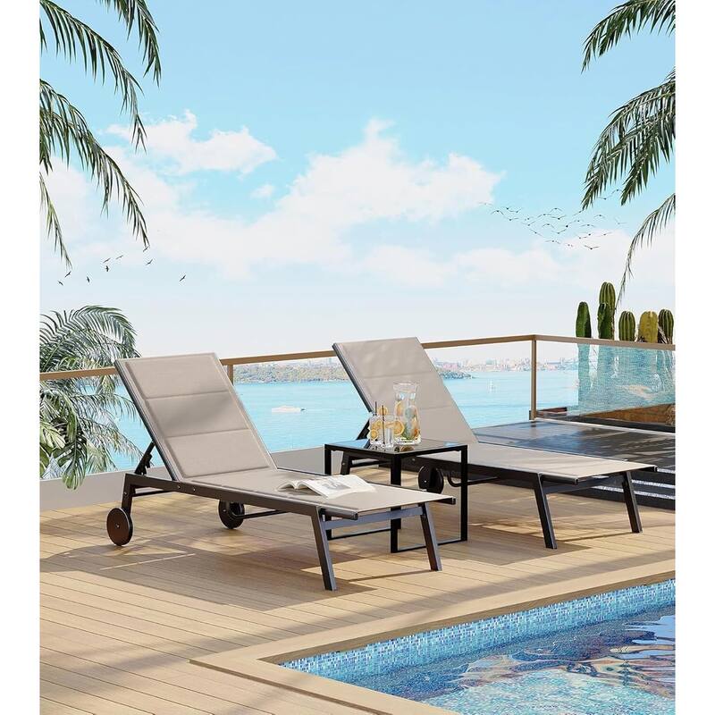 Outdoor 2 Lounge Chair with 1 Side Table and Wheels Set for Backyard, Porch, Garden