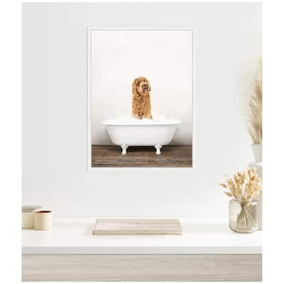 Kate and Laurel Sylvie Golden Labradoodle in Rustic Bath Style Framed Canvas by Amy Peterson