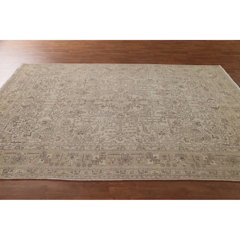 Distressed Geometric Tabriz Persian Vintage Rug Handmade Wool Carpet - 6'9" x 9'7"