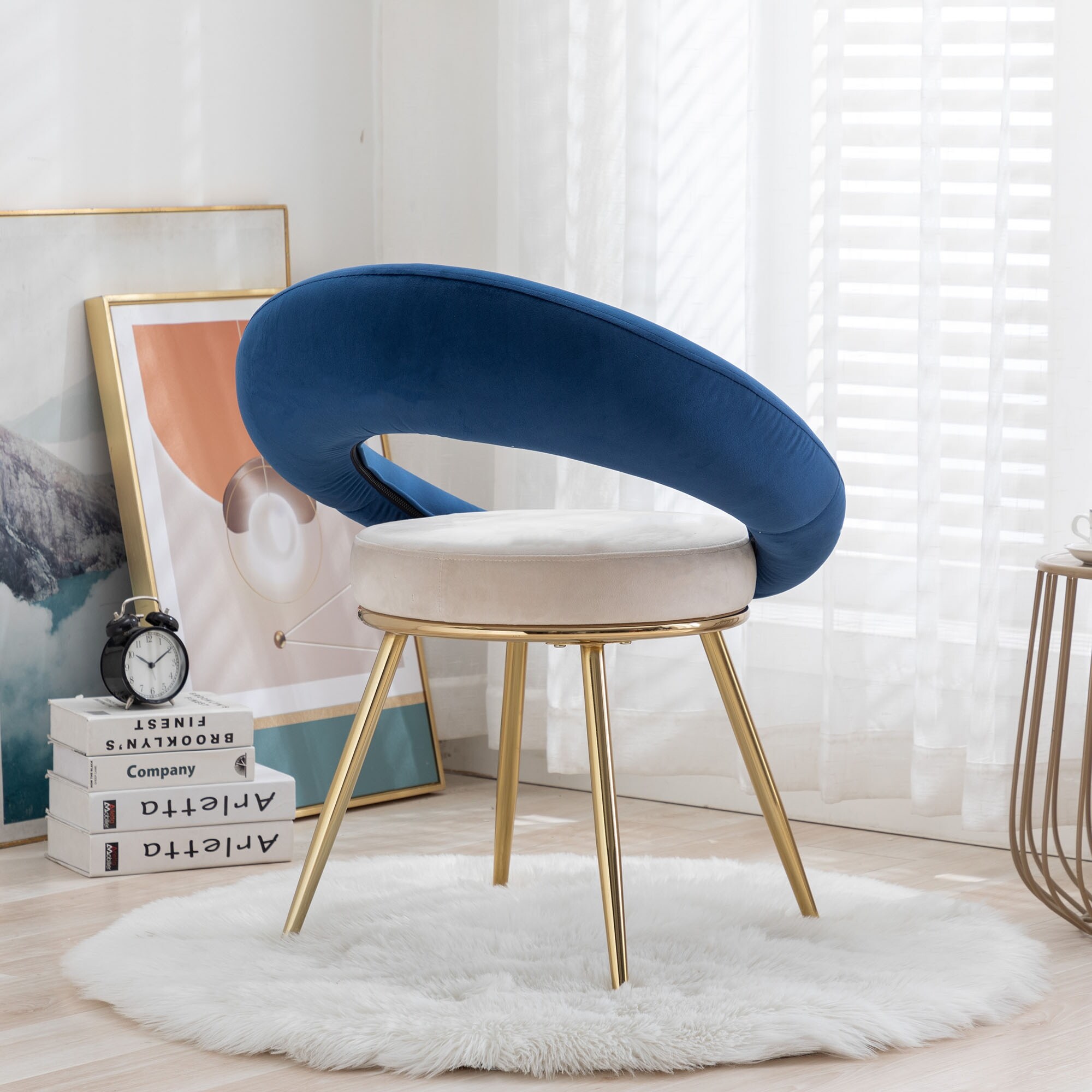blue dressing table chair Blue Makeup Vanity Chair 360 Swivel Chair Vanity Stool w/ Butterfly Back  and Bow Pillow for Dressing Table Home Office LFP366917