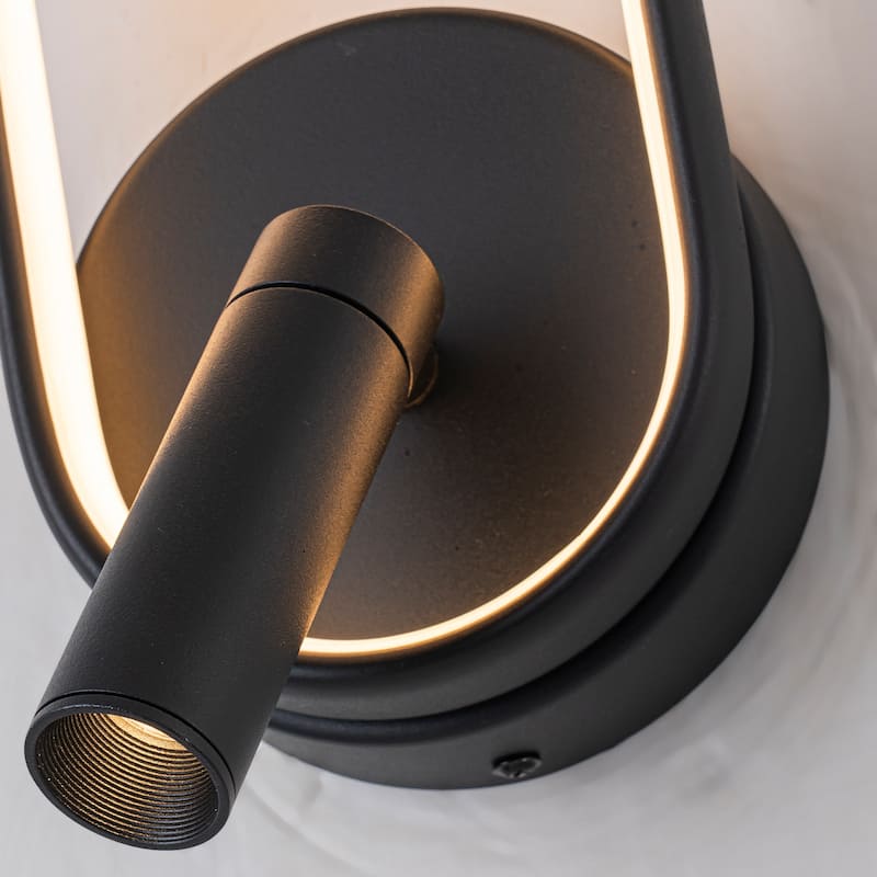 Modern Black LED Wall Sconce Oval Ring & Adjustable Spotlight Dimmable