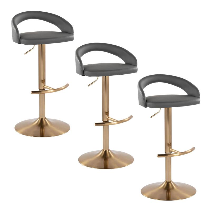 Grotto Upholstered Adjustable Barstool with Gold Metal - Set Of 3 - Grey Faux Leather