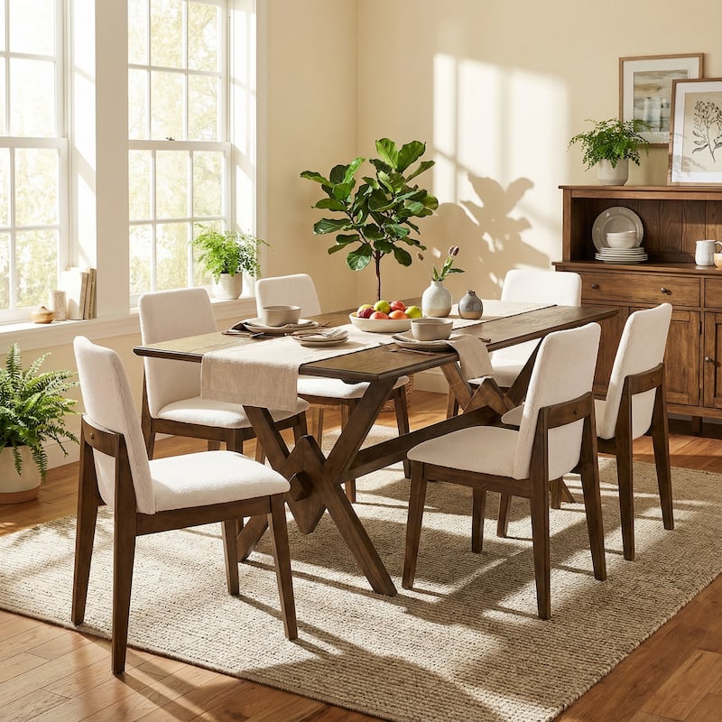 Christopher Knight Home - Modern 7-Piece Dining Set with Rectangular V-Base Dining Table & Upholstered Parsons Dining Chairs - 7-Piece - Beige+Walnut Finish