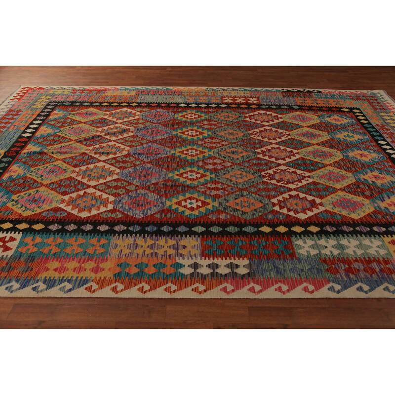 All-Over Kilim Oriental Area Rug Flatweave Orange Wool Carpet - 8'3"x 11'8"