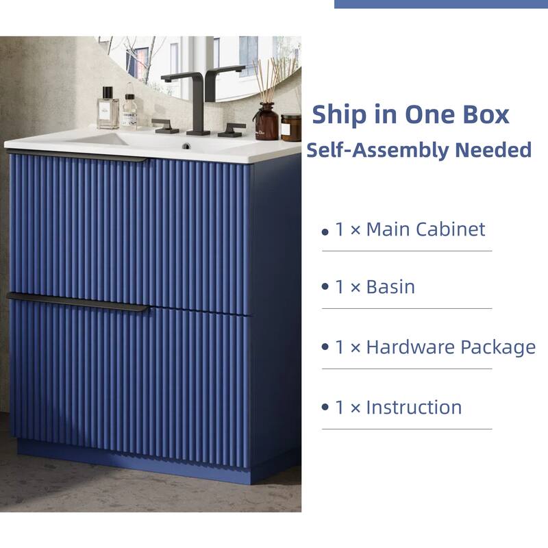 30" Bathroom Vanity with Ceramic Sink, Full-Extension Drawers, Soft Close Slides, and Fluted Design