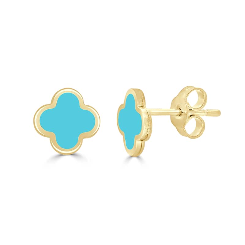 Italian Gold 14K Yellow Gold Small Clover Stud Earrings - Made in Italy - Clover Size 7mm - Turquoise