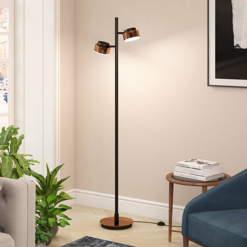 Black Metal Tree Floor Lamp with Copper Bell Shades and Smart Enabled - 11” x 11” x 68” (D x W x H)