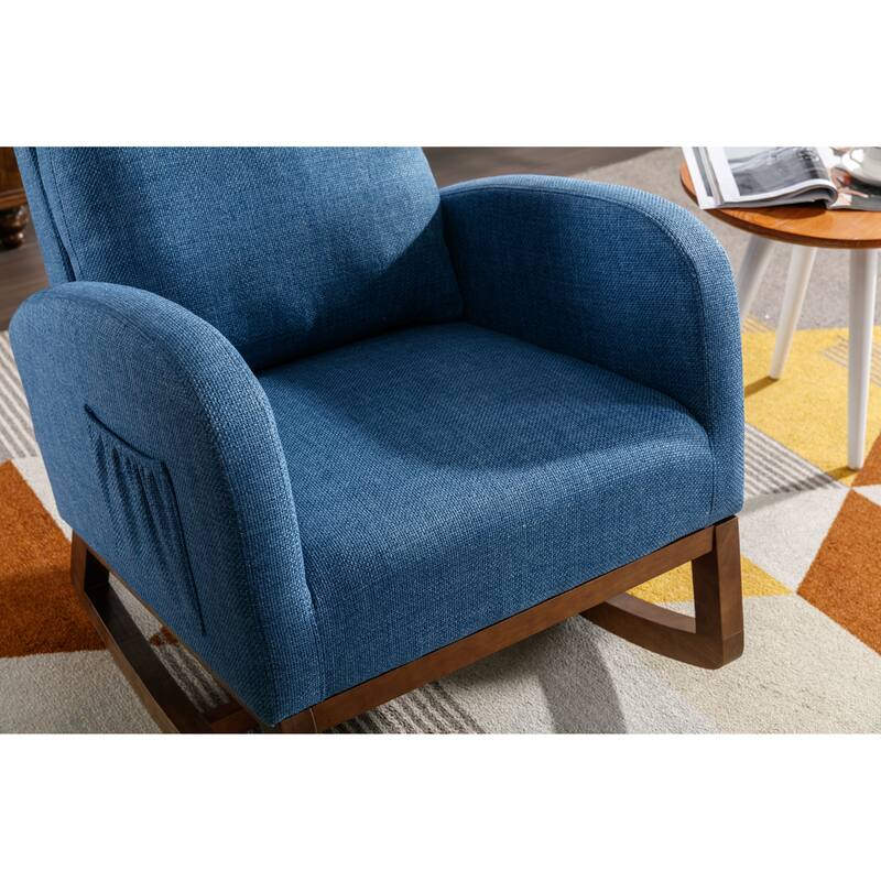 Linen High-Back Rocking Chair with Recliner Function, Side Pocket, and Solid Wood Legs