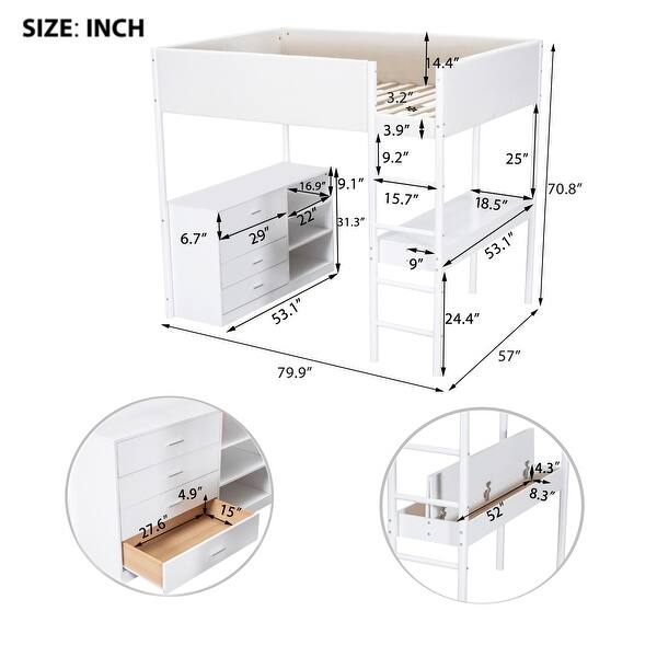 dimension image slide 5 of 6, Teddy Fleece Loft Bed with Foldable Study Table, 4 Storage Drawers and Shelves Wood High LoftBed Frame for Bedroom