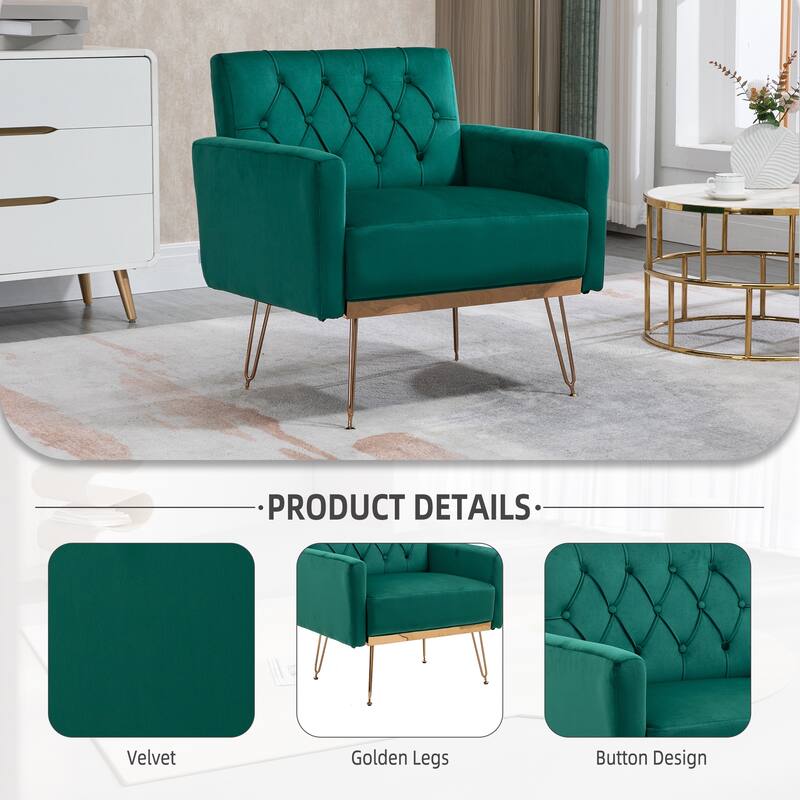 Velvet Upholstered Armchair Single Sofa Modern Tufted Reading Chairs Gold Metal Leg Wingback Chairs for Living Room Bedroom