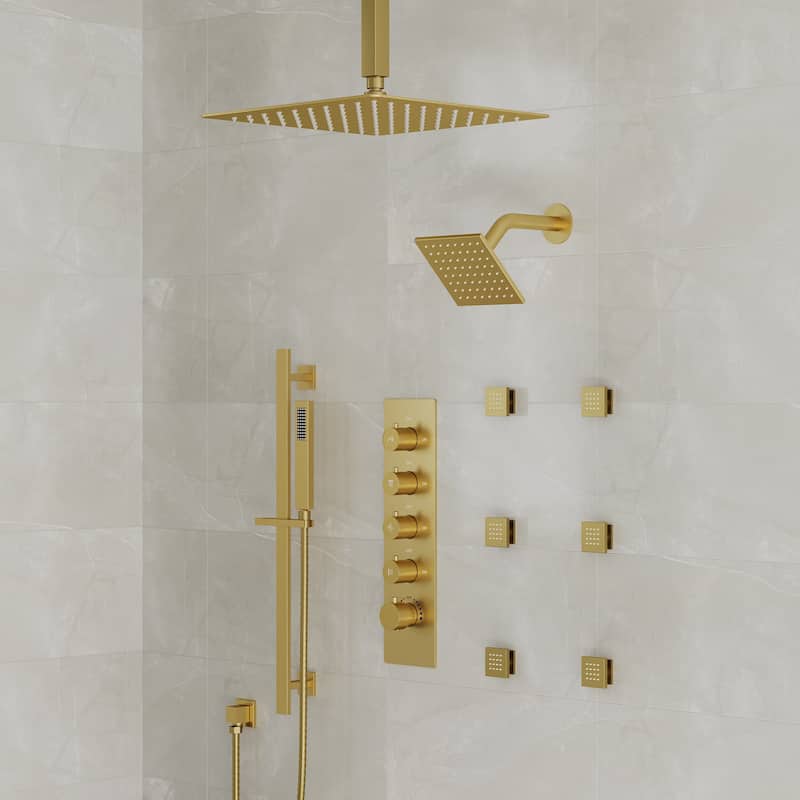 Thermostatic Rainfall Shower System with Handheld Spray, 16" & 6" Dual Shower Head and 6 Body Jets - Brushed Gold