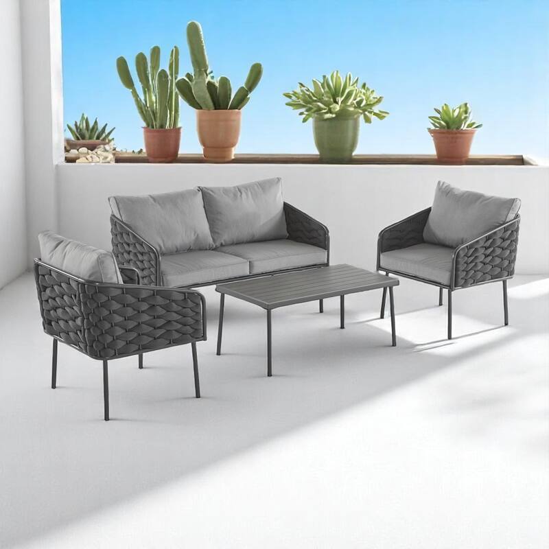 4-Piece Outdoor Patio Furniture Set with Rope Woven Chairs, Loveseat, Plastic-Wood Coffee Table,outdoor Conversation Set