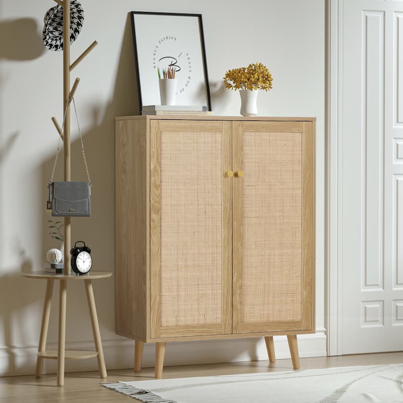 Anmytek Modern 2-Door Rattan Buffet Sideboard Kitchen Storage Cabinet for Living Room