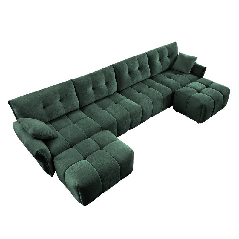 141.7" Chenille 4-Seater Sofa Set with 2 Ottomans, Solid Wood Frame and High-Resilience Cushions
