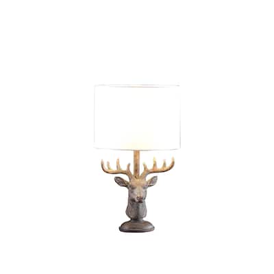 18" Antiqued Bronze Stag Rustic Antler Table Lamp with White Drum Shade for Bedroom or Office - 18"H x 11"W x 11"D