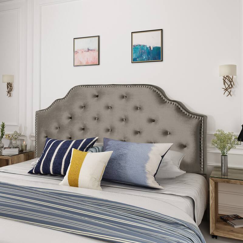Queen Size Tufted Upholstered Headboard with Nailhead Trim, Velvet Fabric, Adjustable Height, Modern Button Design