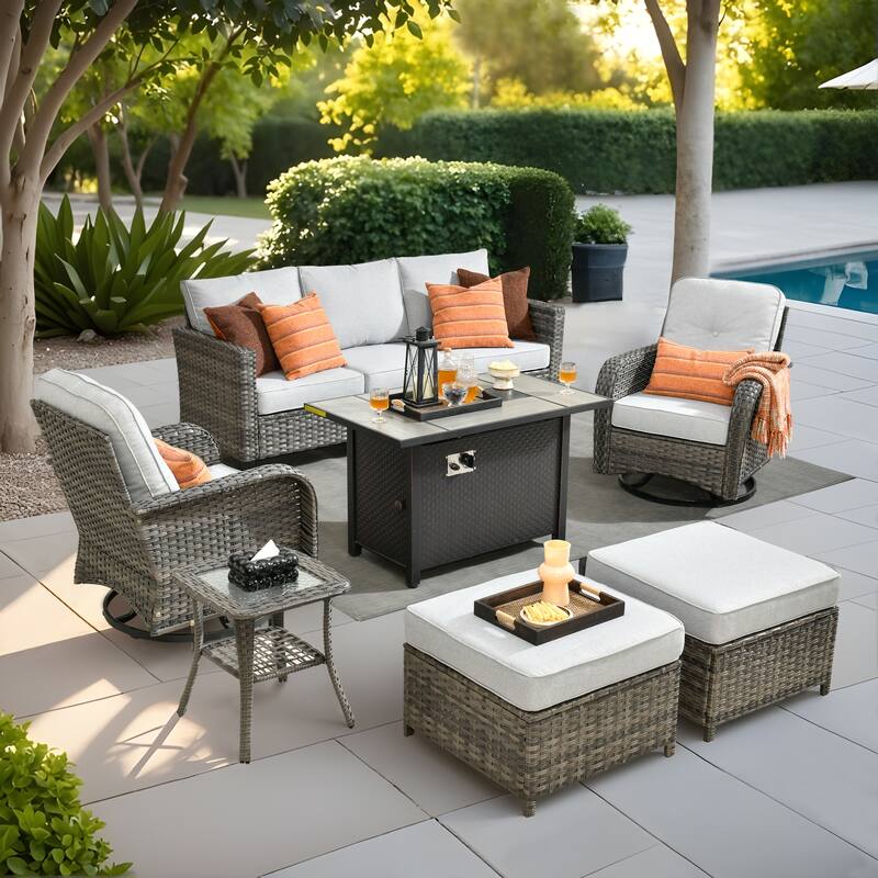 OVIOS 7-piece Patio Wicker Swivel Rocking Chair Set With Fire Pit - Light Grey
