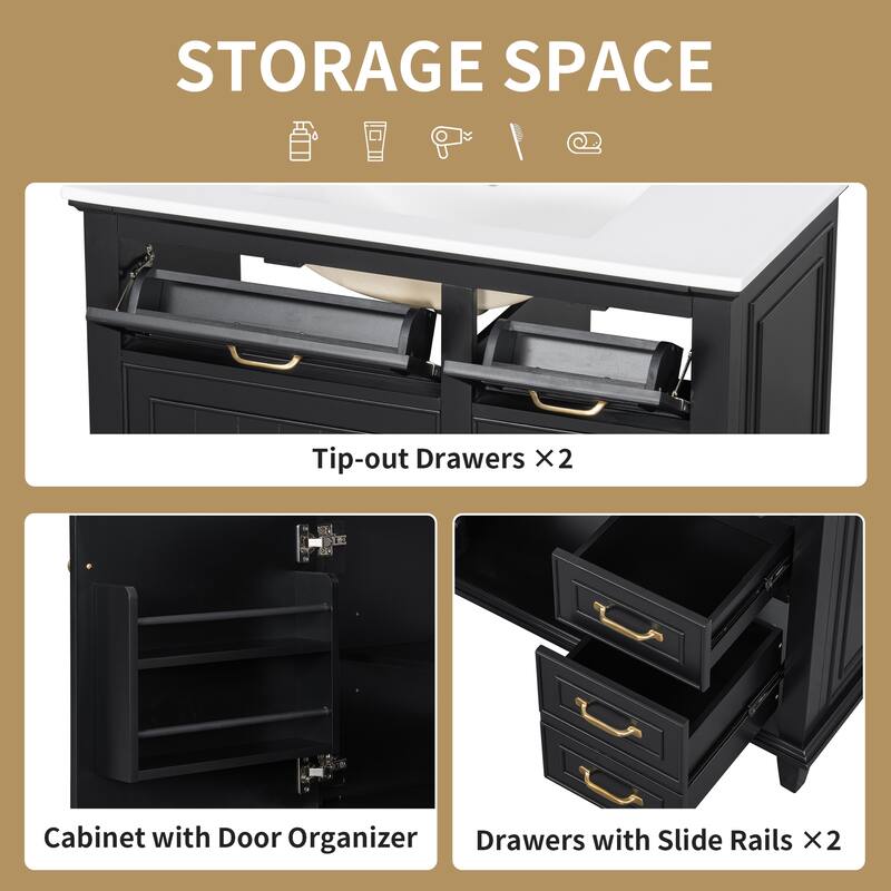 36" Bathroom Vanity with Ceramic Sink, Solid Wood Frame, 4 Drawers and Adjustable Shelf, Freestanding Cabinet