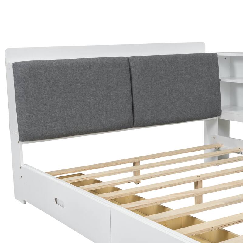 Full Size Wood Platform Bed with Storage Headboard, Shelves, and 2 Drawers in Gray - No Box Spring Required