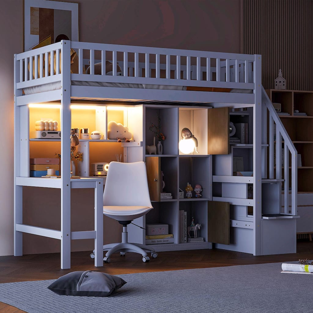 Wooden Twin Loft Bed with Built-in Desk, LED Lights, Storage Shelves, Cabinets & Staircase
