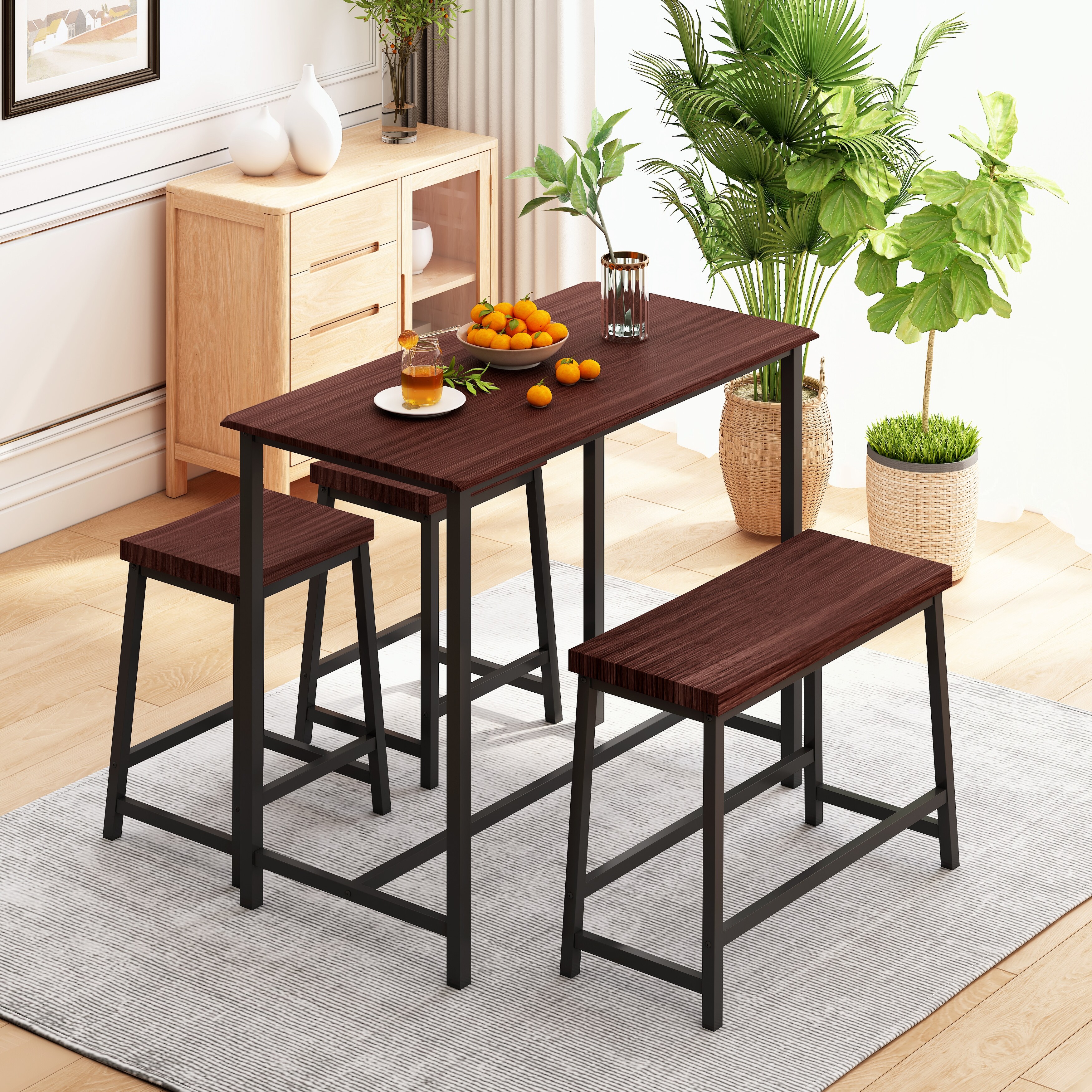4-Piece Dining Table Set with 2 Stoolsand 1 Bench