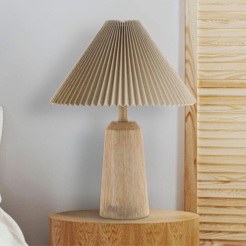 Giulia 20.5" Rustic Scandinavian Resin/Iron Lighthouse LED Table Lamp with Pleated Shade, Beige Wood Finish by JONATHAN Y