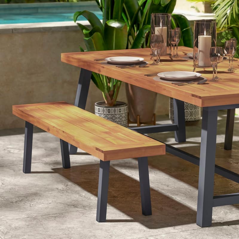 Indoor/Outdoor Solid Acacia Wood Slat Top Bench with Wood Legs