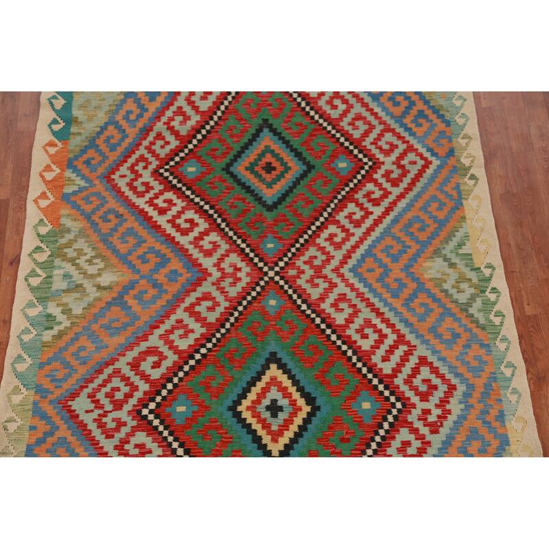 Hand Woven Oriental 100% Wool Carpet Southwestern Geometric Multi-Colored Kilim Area Rug - 8' 2'' X 6' 0''