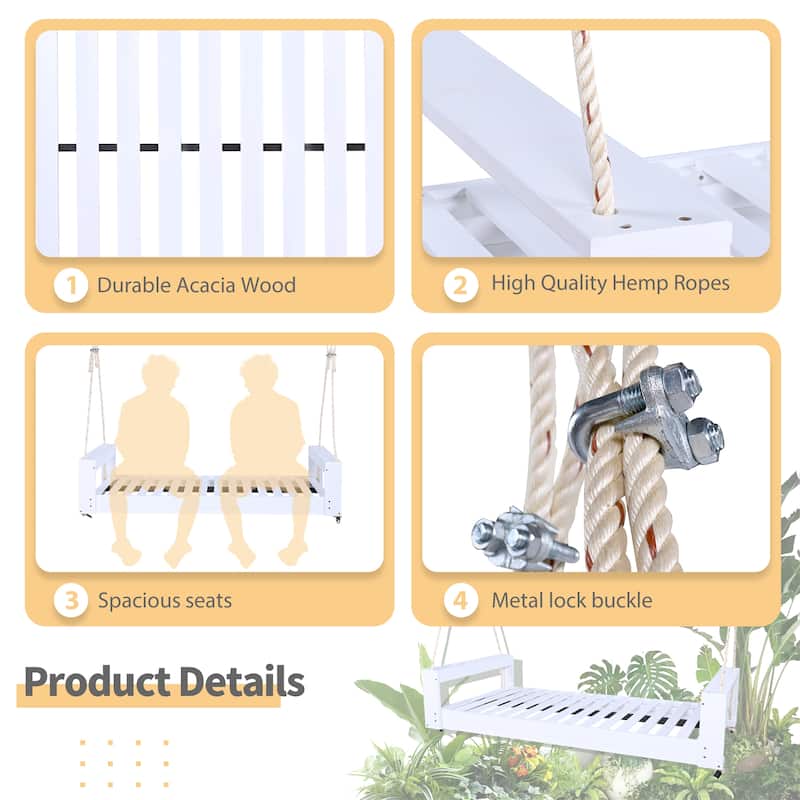 Twin Size Patio Acacia Wood Swing Frame with Hemp Ropes