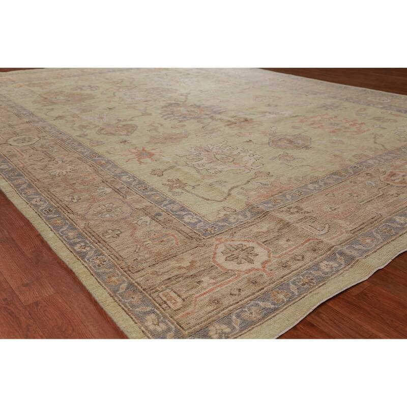 Hand Knotted Oriental 100% Wool Carpet Transitional All-Over Green Oushak Area Rug - 11' 11'' X 8' 10''