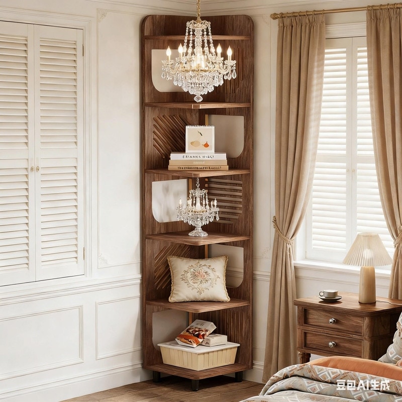 5-Tier Corner Bookshelf, Tall Brown Bookcase with Metal Legs, Right-Angle Space-Saving Storage Shelf