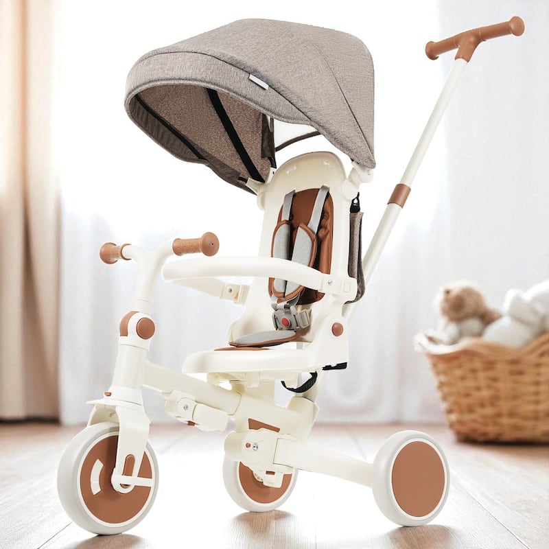 7-in-1 Baby Tricycle for Toddlers Ages 1-6, Foldable Push Trike with Parent Handle, Canopy, Guardrail & Pedals - Ivory