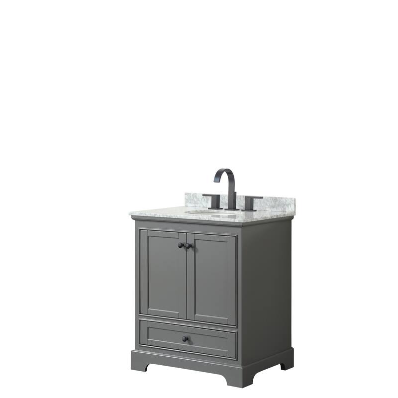 Deborah 30-inch Dark Gray Single Vanity, Oval Sink, No Mirror - Dark Gray, Black Trim, White Carrara Marble Top