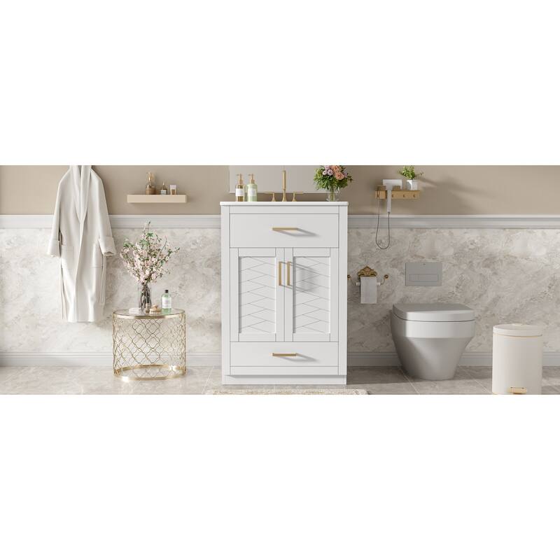 Roomfitters 24 Inch Bathroom Vanity with Integrated Ceramic Sink, Storage Cabinet & Tilt-Down Compartment