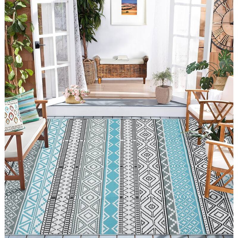 Outdoor Rug Waterproof Patio Rug Mat Geometric Rug Plastic Straw Outside Rug for RV Camping Picnic Reversible Rug