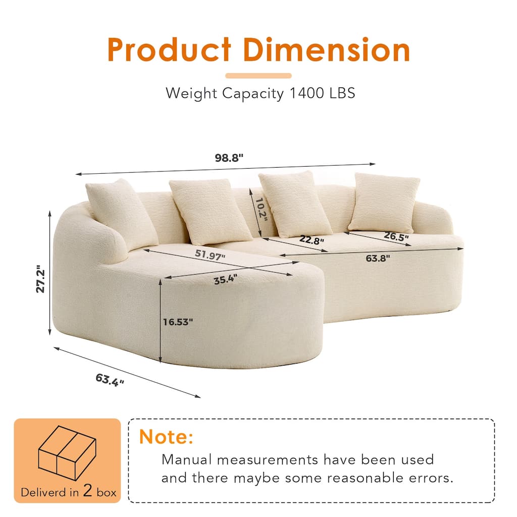 L-Shape Modular Sectional Sofa with Curved Chaise, Chenille Boneless Compression Couch, 30D High-Density Foam Corner Sofa
