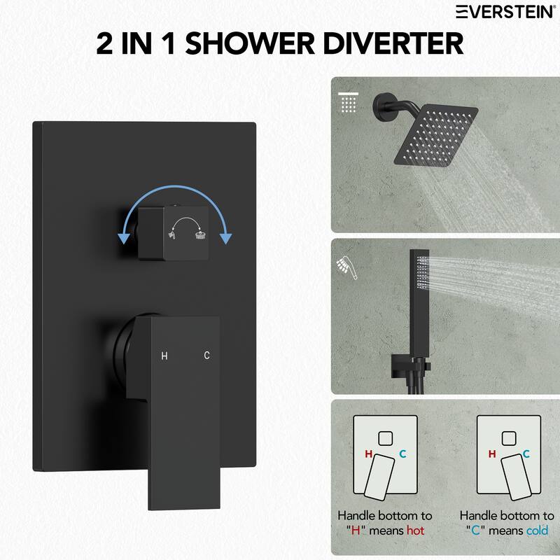 Wall Mounted 6 in Rain Shower Head Bathroom Shower Faucet Set 2-Setting Square Shower System With Rough-In Valve, & Handheld