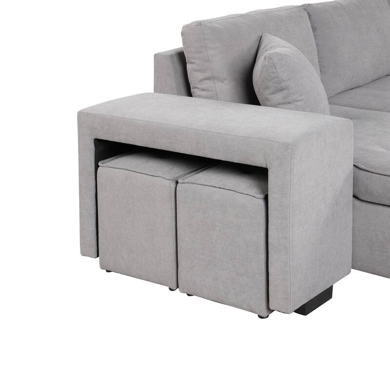 104.5" Linen L-Shaped Sectional Sofa with Pull-Out Bed and Storage Chaise, Includes 2 Stools