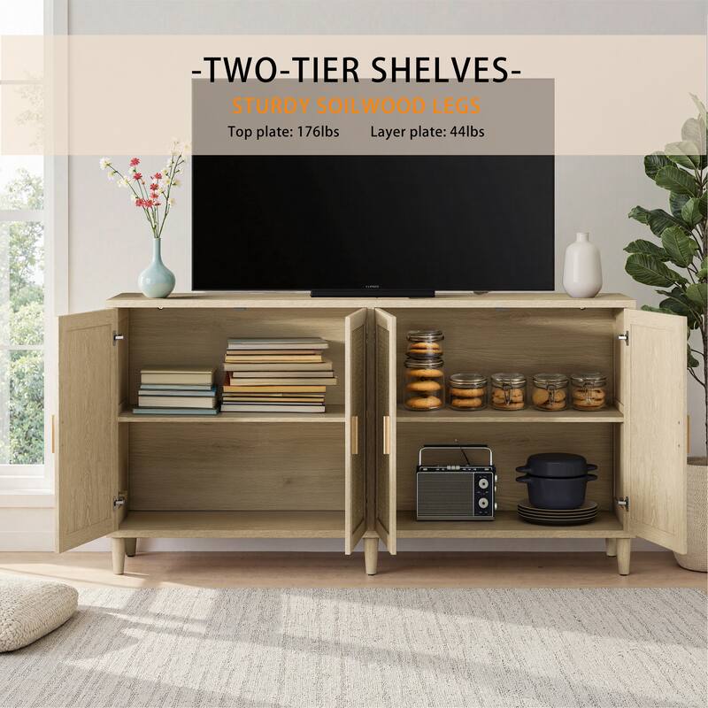 Rattan Sideboard Buffet Cabinet, 70" Storage Cabinet with Adjustable Shelves, Farmhouse Credenza Coffee Bar Cabinets w/ 4 Doors聽