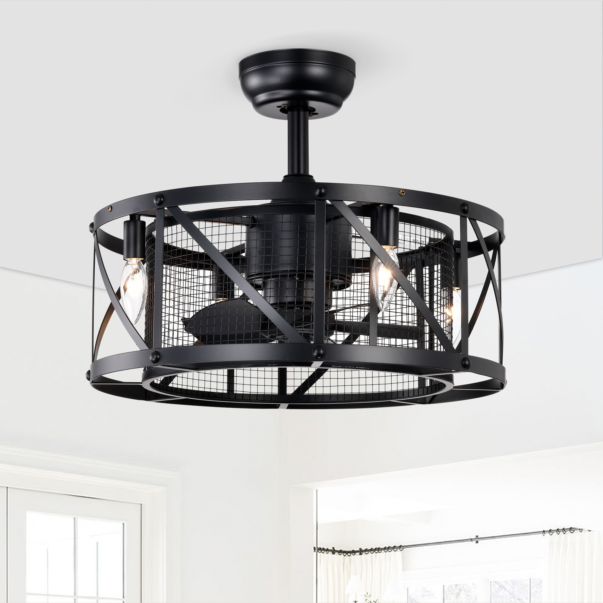 20'' Industrial Caged Ceiling Fan with Light and Remote Control, 3 Speed, AC Motor, Timing, 5-Blade Black Fandelier Ceiling Fan
