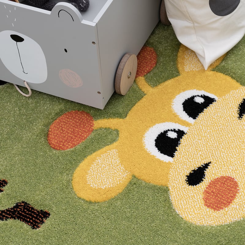 Kids Rug for childrens room with Jungle Animals in Green