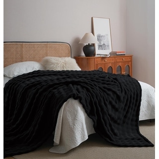 Black Soft Plush Cozy Warm Fleece Bubble Textured Bed Throw