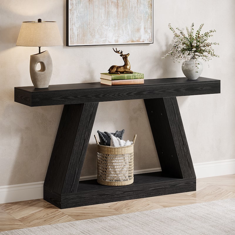 55 Inches Farmhouse Wood Console Sofa Table with Storage - 11.81" D x 55.12" W x 31.5" H - Black