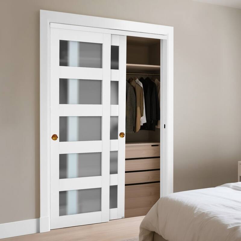 White Wood MDF Sliding Closet Doors with Frosted Glass Panels