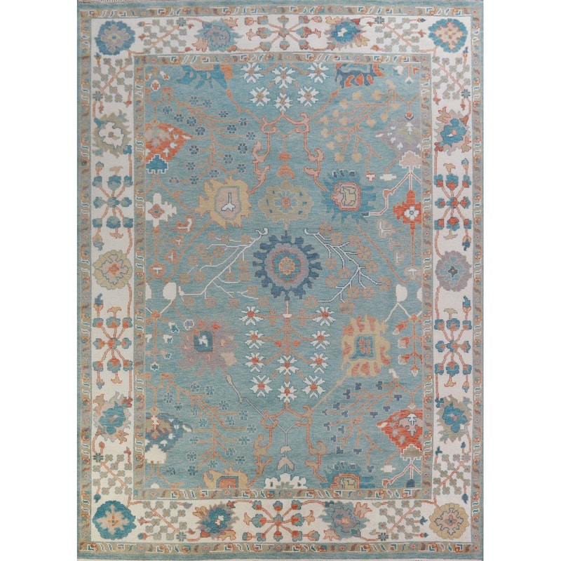 Hand Knotted Oriental 100% Wool Carpet Transitional All-Over Navy Blue & Blues Oushak Area Rug - 12' 4'' X 9' 2''