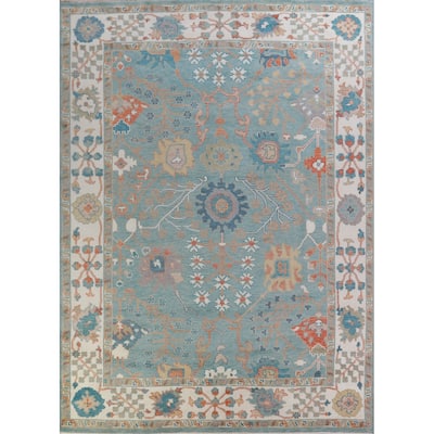 Hand Knotted Oriental 100% Wool Carpet Transitional All-Over Navy Blue & Blues Oushak Area Rug - 12' 4'' X 9' 2''